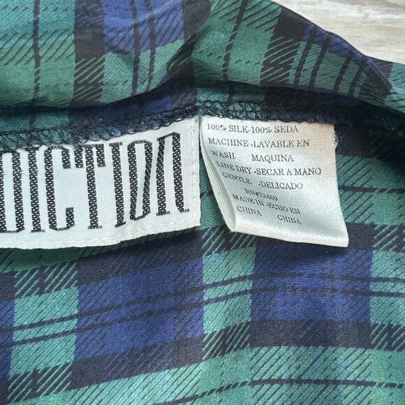 Addiction Kimono Robe 100% Silk Green Navy Plaid Open Front Duster Jacket - Picture 6 of 6